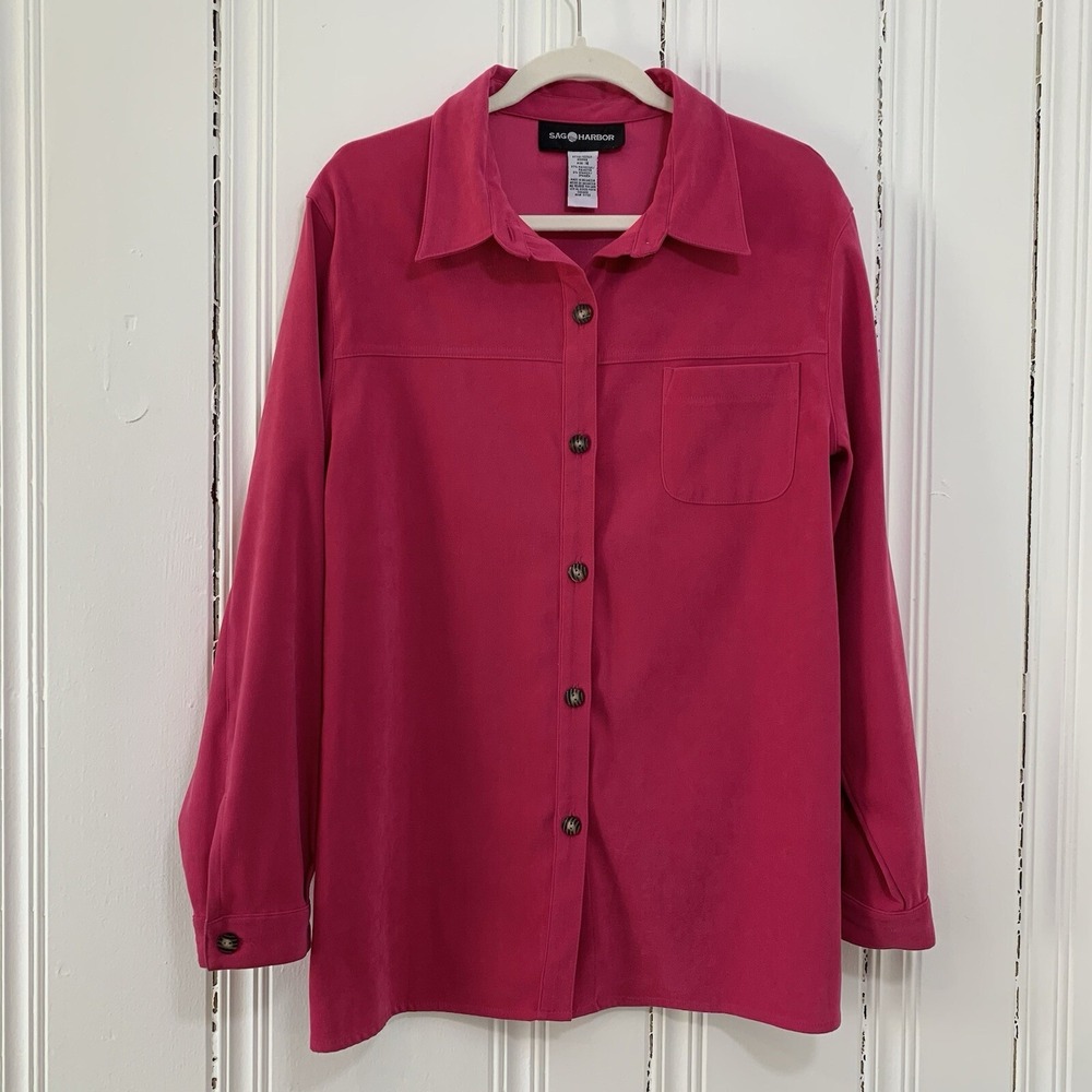 Sag Harbor Women's Magenta Pink Long Sleeve Stretch Velour Blouse‎ Top Size 16